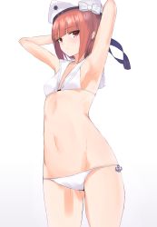 Rule 34 | 1girl, armpits, arms up, bad id, bad pixiv id, bikini, brown eyes, brown hair, clothes writing, cowboy shot, flat chest, gluteal fold, groin, hat, highres, kantai collection, looking at viewer, lowleg, lowleg bikini, red hair, sailor bikini, sailor collar, sailor hat, short hair, simple background, solo, swimsuit, tsubapi (pupi57), white background, white bikini, white hat, z3 max schultz (kancolle)