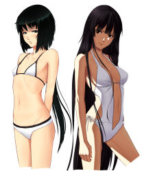 Rule 34 | 2girls, arms behind back, bikini, bikini top only, black eyes, black hair, brown eyes, casual one-piece swimsuit, character request, cropped legs, flat chest, long hair, micro bikini, micro bikini top, multiple girls, navel, one-piece swimsuit, original, ponytail, shimohigashi kanna, swimsuit, very long hair
