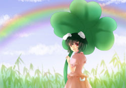 Rule 34 | 1girl, animal ears, bad id, bad pixiv id, black hair, blouse, blue sky, cloud, clover, day, female focus, four-leaf clover, grass, inaba tewi, looking at viewer, looking back, open mouth, outdoors, oversized object, puffy short sleeves, puffy sleeves, rabbit ears, rabbit girl, rabbit tail, rainbow, red eyes, sheeg, shirt, short hair, short sleeves, skirt, sky, solo, tail, touhou