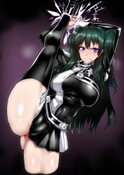 Rule 34 | 1girl, absurdres, arms up, black order uniform, black thighhighs, d.gray-man, gggg, green hair, highres, lenalee lee, military, military uniform, miniskirt, purple eyes, simple background, skirt, solo, standing, standing on one leg, thighhighs, twintails, uniform