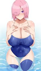 Rule 34 | 1girl, absurdres, arind yudha, blue one-piece swimsuit, blue thighhighs, blush, breasts, cleavage, closed mouth, collarbone, covered navel, fate/grand order, fate (series), groin, hair over one eye, highres, huge breasts, looking at viewer, mash kyrielight, one-piece swimsuit, pink hair, purple eyes, solo, swimsuit, thighhighs, thighs