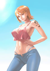 Rule 34 | 1girl, absurdres, artist request, bare shoulders, breasts, cleavage, crop top, curvy, denim, female focus, hand on own hip, highres, jeans, large breasts, matching hair/eyes, midriff, nami (one piece), navel, one piece, orange eyes, orange hair, pants, short hair, solo, standing, stomach, tattoo, thighs, thong