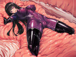 Rule 34 | 1girl, blush, bodysuit, boots, breasts, cameltoe, cleft of venus, covered erect nipples, covered navel, curvy, groin, habit, huge breasts, impossible bodysuit, impossible clothes, inside creature, kamori sayaka, latex, long hair, navel, nun, purple bodysuit, rindou (radical dream), shiny clothes, skin tight, slime (substance), solo, spread legs, thigh boots, thighhighs, thighs, vore