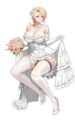 Rule 34 | 1girl, amy razor, bare shoulders, blonde hair, bouquet, breasts, bridal lingerie, bridal veil, bride, cleavage, clothes lift, corset, dress, earrings, elbow gloves, flower, full body, game cg, garter straps, gloves, hair between eyes, high heels, highres, jewelry, large breasts, last origin, lingerie, looking at viewer, navel, necklace, official art, open clothes, open dress, pearl necklace, purple eyes, sitting, skirt, skirt hold, skirt lift, smile, solo, tachi-e, taesi, thighhighs, transparent background, underwear, veil, wedding dress, white gloves, white thighhighs
