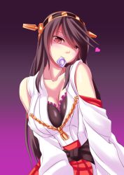 Rule 34 | 10s, 1girl, bra, breasts, brown hair, cleavage, condom, condom in mouth, detached sleeves, hairband, hakomaru (pandora box), haruna (kancolle), heart, highres, japanese clothes, kantai collection, long hair, looking at viewer, mouth hold, nontraditional miko, pandora (angelfeather-heart), personification, red eyes, smile, solo, underwear