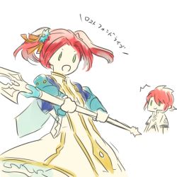 Rule 34 | 00s, 1girl, dress, eleanor hume, frills, green eyes, jacket, long hair, luke fon fabre, open mouth, red hair, short hair, spear, tales of (series), tales of berseria, tales of the abyss, twintails, weapon