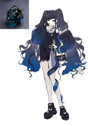 Rule 34 | 1girl, arin (fanfan013), bag, bare shoulders, black bag, black bow, black choker, black dress, black footwear, black hair, black pantyhose, blue eyes, blue eyeshadow, blue hair, blue jacket, blue ribbon, blue sleeves, bow, chinese commentary, choker, commentary request, cross, cross-laced clothes, cross-laced sleeves, cross necklace, dice, dress, eyeshadow, fishnet pantyhose, fishnets, footwear bow, full body, gradient hair, gradient jacket, gradient sleeves, hair ribbon, hand on own chin, hand on own hip, highres, jacket, jewelry, lace, lace-trimmed dress, lace trim, long hair, long sleeves, looking at viewer, makeup, mary janes, multicolored hair, necklace, one eye closed, open clothes, open jacket, open mouth, original, pantyhose, personification, puffy long sleeves, puffy sleeves, reference inset, ribbon, shoes, short dress, shoulder bag, side slit, simple background, sleeveless, sleeveless dress, smile, solo, spiked anklet, spiked choker, spiked footwear, spikes, tentacles, tongue, twintails, twitter username, v, very long hair, white background