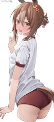 Rule 34 | 1girl, :d, absurdres, animal ears, ass, blush, breasts, brown hair, buruma, clothing cutout, clover, clover hair ornament, commentary request, cropped legs, fine motion (umamusume), from behind, from side, gym uniform, hair bun, hair ornament, hair ribbon, highres, horse ears, horse girl, horse tail, kawai ritsu (rits meg), light brown hair, looking at viewer, multicolored hair, open mouth, red buruma, ribbon, shirt, simple background, single hair bun, skindentation, small breasts, smile, solo, streaked hair, tail, tail through clothes, trefoil, twisted torso, twitter username, umamusume, white background, white shirt, yellow eyes