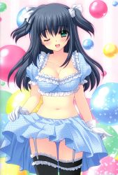 Rule 34 | 00s, 1girl, ;d, absurdres, aqua eyes, black hair, black thighhighs, blue panties, blush, breasts, cleavage, clothes lift, collarbone, covered erect nipples, cowboy shot, crop top, dress, eyebrows, frilled panties, frilled thighhighs, frills, garter straps, gloves, green eyes, hair between eyes, hair ribbon, happy, heart, highres, lace, large breasts, lifting own clothes, looking at viewer, midriff, navel, nishimata aoi, official art, one eye closed, open mouth, panties, pantyshot, plaid, plaid skirt, pleated skirt, pointing, puffy short sleeves, puffy sleeves, really? really!, ribbon, scan, short sleeves, shuffle!, shuffle! essence+, skirt, skirt lift, smile, standing, thigh gap, thighhighs, two side up, underwear, upskirt, white gloves, wink, yae sakura