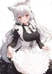 Rule 34 | 1girl, animal ear fluff, animal ears, apron, bae.c, black dress, blush, bow, bowtie, breasts, brown eyes, commentary request, dress, extra ears, frilled apron, frills, highres, juliet sleeves, large breasts, long hair, long sleeves, looking at viewer, maid, maid headdress, nail polish, original, parted lips, pinafore dress, puffy sleeves, silver hair, skirt hold, sleeveless dress, solo, tail, very long hair, white apron, white background, white bow, white bowtie, wolf ears, wolf tail, yellow nails