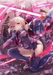 Rule 34 | 1girl, ahoge, angel statue, armor, armored dress, artoria pendragon (all), artoria pendragon (fate), blonde hair, dark persona, dual wielding, energy sword, fate/grand order, fate (series), glasses, highres, holding, jacket, looking at viewer, mysterious heroine x alter (fate), mysterious heroine x alter (third ascension) (fate), saber (fate), semi-rimless eyewear, solo, sword, weapon, yellow eyes, zenyu