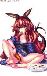 Rule 34 | 1girl, barefoot, bottomless, dragon girl, dragon tail, feet, flat chest, food, japanese clothes, kimono, long hair, monster girl, nefarian, nipple slip, nipples, onyxia, open clothes, open kimono, orange eyes, red hair, solo, squid, tail, toe scrunch, toes, twintails, very long hair, warcraft, world of warcraft