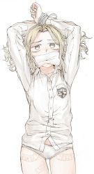 Rule 34 | 1girl, arms up, blonde hair, bound, bound wrists, catcher in the rhyme, character request, female focus, gag, grey eyes, no pants, panties, ringed eyes, shirt, solo, soosaresu, underwear, wavy hair, white panties, white shirt