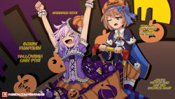 Rule 34 | &gt; &lt;, 2girls, :d, ;o, arms up, blanc (neptunia), blue cape, blue eyes, blue jacket, blush, brown hair, cape, capelet, clenched hands, commentary, corset, d-pad, d-pad hair ornament, english text, food, full moon, garter straps, hair between eyes, hair ornament, halloween, halloween costume, jacket, long sleeves, looking at another, medium hair, moon, multiple girls, neptune (neptunia), neptune (series), one eye closed, open mouth, orange skirt, outdoors, patreon username, pumpkin hat, purple corset, purple hair, purple shirt, pushing, riding, shirt, shopping cart, short hair, short sleeves, skirt, smile, striped clothes, striped legwear, striped thighhighs, sweets, thighhighs, verniy misaki, wide sleeves