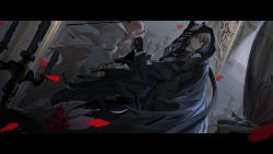 Rule 34 | 1boy, arknights, black choker, black cloak, black gloves, black jacket, choker, cloak, commentary request, different reflection, gloves, grey eyes, grey hair, highres, hood, hooded cloak, indoors, infection monitor (arknights), jacket, letterboxed, long sleeves, male focus, newflame, petals, phantom (arknights), phantom (focus) (arknights), reflection, rose petals, solo, torn cloak, torn clothes