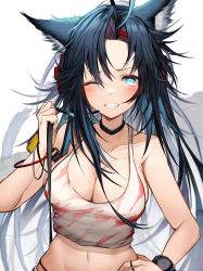 Rule 34 | 1girl, ;d, absurdres, ahoge, animal ear fluff, animal ears, arknights, arm strap, bag behind back, bare shoulders, black choker, black hair, blaze (arknights), blaze (burst feline) (arknights), blue eyes, bracelet, breasts, cat ears, cat girl, cat tail, choker, cleavage, collarbone, crop top, grin, hand on own hip, headphones, highres, jewelry, looking at viewer, multiple rings, navel, official alternate costume, one eye closed, open mouth, panty straps, ring, sleeveless, smile, solo, tab head, tail, teeth, upper body, watch, wristwatch
