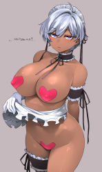 Rule 34 | 1girl, ahoge, apron, apron lift, arm behind back, arm garter, armband, breasts, bridal garter, choker, clothes lift, copyright request, cowboy shot, dark-skinned female, dark skin, dated, gloves, grey background, happa (cloverppd), heart, heart-shaped pupils, heart maebari, heart pasties, highres, large breasts, leg strap, lifted by self, looking at viewer, maebari, maid, maid headdress, navel, no bra, no panties, pasties, purple eyes, short hair, signature, silver hair, simple background, solo, symbol-shaped pupils, tagme, white gloves