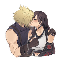 Rule 34 | 1boy, 1girl, bare shoulders, black gloves, black tank top, blonde hair, blush, breasts, brown gloves, brown hair, closed eyes, cloud strife, collarbone, commentary, couple, earrings, elbow gloves, english commentary, final fantasy, final fantasy vii, final fantasy vii rebirth, final fantasy vii remake, fingerless gloves, gloves, hand on another&#039;s shoulder, hands up, hetero, highres, holding, holding hands, jewelry, kiss, long hair, medium breasts, muscular, muscular male, pudelmudel, purple sweater, short hair, sidelocks, simple background, sleeveless, sleeveless sweater, standing, suspenders, sweater, tank top, tifa lockhart, turtleneck, upper body, white background, white tank top