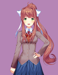 Rule 34 | blue skirt, bow, brown hair, doki doki literature club, game cg, green eyes, hand on own hip, long hair, monika (doki doki literature club), official art, purple background, satchely, simple background, skirt, smile, straight-on, tagme, white bow