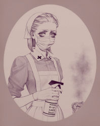 Rule 34 | 1girl, apron, bella scottland, bob cut, bottle, cleaning, collared dress, covered mouth, cross print, dress, furrowed brow, gloves, hair slicked back, hand up, headdress, highres, holding, hunter x hunter, looking at viewer, mask, monochrome, mouth mask, nurse, rubber gloves, short hair, smoke, solo, spray bottle, theta (hunter x hunter), upper body