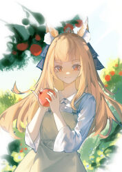 Rule 34 | 1girl, \||/, absurdres, animal ear fluff, animal ears, apple, black ribbon, blunt bangs, brown hair, closed mouth, collared shirt, commentary, cowboy shot, dress, food, fruit, goguhaku, hair ribbon, hands up, highres, holding, holding food, holding fruit, holo, long hair, long sleeves, looking at viewer, outdoors, pinky out, red eyes, red pupils, ribbon, shirt, sidelighting, sidelocks, simple background, sketch, smile, spice and wolf, tsurime, white background, white shirt, wolf ears, wolf girl, yellow dress