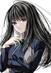 Rule 34 | 1girl, black hair, blue dress, collared shirt, dress, green ribbon, grey dress, hand up, highres, inoue takina, long hair, long sleeves, looking at viewer, lycoris recoil, lycoris uniform, misteor, neck ribbon, parted lips, purple eyes, ribbon, shirt, simple background, solo, two-tone dress, upper body, white background, white shirt