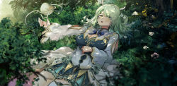 Rule 34 | 1girl, absurdres, antlers, apple, braid, braided bangs, breasts, ceres fauna, cleavage, elbow cutout, flower, food, from above, fruit, grass, green hair, hair flower, hair ornament, highres, hololive, hololive english, horns, large breasts, long hair, long sleeves, looking away, lying, mole, mole under eye, nail polish, on grass, open mouth, single braid, solo, virtual youtuber, vyragami, yellow eyes