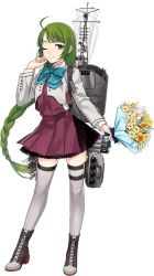 Rule 34 | 1girl, aqua bow, aqua bowtie, bad id, bad twitter id, blouse, blue eyes, boots, bouquet, bow, bowtie, braid, cross-laced footwear, flower, fujikawa, full body, green hair, grey thighhighs, kantai collection, lace-up boots, long hair, long sleeves, mole, mole under mouth, official art, one eye closed, pleated skirt, purple skirt, purple vest, shirt, single braid, skirt, smile, solo, thighhighs, transparent background, vest, white shirt, yuugumo (kancolle), yuugumo kai ni (kancolle)