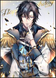 Rule 34 | 1boy, belt, biting, black hair, blue cape, blue eyes, cape, dated, epaulettes, fire, gem, gloves, glowing, happy birthday, high collar, jacket, long sleeves, looking at viewer, male focus, open clothes, open jacket, parted lips, quan zhi gao shou, s (olath), short hair, sleeve cuffs, solo, tassel, torn cape, torn clothes, torn jacket, upper body, white belt, white gloves, zhou zekai