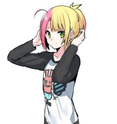 Rule 34 | 1boy, ahoge, alternate hairstyle, androgynous, bad id, bad twitter id, blonde hair, erubo, green eyes, looking at viewer, male focus, multicolored hair, original, pink hair, simple background, smile, solo, split-color hair, theodor bachstein, trap, white background