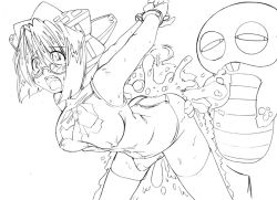 Rule 34 | 1girl, 2boys, 2k-tan, assless swimsuit, bare arms, bare shoulders, breasts, buck teeth, cowboy shot, creature, cuffs, gachapin, glasses, greyscale, handcuffed, handcuffs, headress, hetero, hirake! ponkikki, leaning forward, lineart, looking over eyewear, medium breasts, monochrome, mukku, multiple boys, one-piece swimsuit, os-tan, propeller, short hair, simple background, solo, standing, sweat, swimsuit, teeth, thighhighs, white background