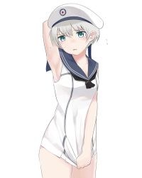 Rule 34 | 10s, 1girl, arm behind head, arm up, armpits, bad id, bad twitter id, blue eyes, blush, clothes pull, flying sweatdrops, fujibejifu, hat, kantai collection, no nose, open mouth, sailor collar, sailor hat, shirt pull, shirt tug, short hair, silver hair, simple background, sleeveless, solo, white background, white hat, z1 leberecht maass (kancolle)