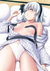 Rule 34 | 1girl, arm at side, bare shoulders, black hairband, blush, bow, bow panties, breasts, cameltoe, censored nipples, closed eyes, commentary request, convenient censoring, eyelashes, fingernails, futon, ghost, gluteal fold, hair between eyes, hairband, highres, hitodama, japanese clothes, kimono, konpaku youmu, konpaku youmu (ghost), long fingernails, long sleeves, lying, nori tamago, obi, off shoulder, on back, open clothes, open kimono, panties, parted lips, pillow, sash, short hair, silver hair, sleeping, small breasts, solo, spread legs, tatami, touhou, underwear, white bow, white kimono, white panties, wide sleeves