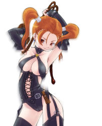 Rule 34 | 1girl, arched back, breasts, collar, corset, dominatrix, dragon quest, dragon quest viii, female focus, femdom, gradient background, jessica albert, matching hair/eyes, orange eyes, orange hair, red hair, smile, solo, square enix, third-party edit, twintails, whip, white background