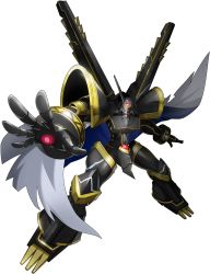 Rule 34 | 1boy, alphamon, armor, cape, digimon, digimon (creature), digimon new century, full armor, glowing, glowing hand, knight, looking at viewer, monster, no humans, official art, pauldrons, red eyes, royal knights, shoulder armor, simple background, solo, tail