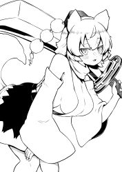 Rule 34 | 1girl, :3, :d, absurdres, animal ears, breasts, detached sleeves, fingernails, greyscale, hat, highres, himajin noizu, holding, holding sword, holding weapon, inubashiri momiji, large breasts, looking at viewer, monochrome, open mouth, pom pom (clothes), short hair, sideboob, skirt, smile, solo, sword, tail, tokin hat, touhou, weapon, wide sleeves, wolf ears, wolf tail
