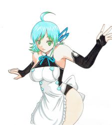 Rule 34 | 1girl, ahoge, apron, aqua hair, bare shoulders, breasts, bridal gauntlets, cowboy shot, dream c club, dream c club (series), dream c club zero, elbow gloves, for-somebody, gloves, gradient hair, green eyes, green hair, highleg, highleg leotard, highres, impossible clothes, large breasts, leotard, looking at viewer, matching hair/eyes, multicolored hair, nonono (dream c club), pale skin, robot ears, short hair, smile, solo, traditional media, white background