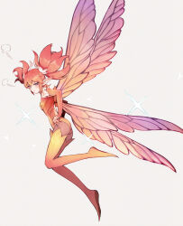 Rule 34 | 1other, :t, androgynous, boots, detached sleeves, fairy, fairy wings, feo ul, final fantasy, final fantasy xiv, from side, full body, grey eyes, hands on own hips, highres, leotard, looking at viewer, mugi kosuta, orange footwear, orange hair, orange leotard, other focus, pointy ears, pout, puff of air, short hair, short twintails, simple background, sparkle, thigh boots, twintails, white background, wings