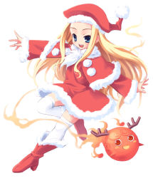 Rule 34 | 1girl, antlers, belfraw martini, blonde hair, blue eyes, boots, christmas, hat, high heels, horns, leg lift, long hair, looking at viewer, open mouth, santa costume, santa hat, shoes, simple background, solo, summon night, summon night 3, thighhighs, very long hair, white background, white thighhighs, zettai ryouiki