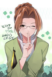 1girl brown_eyes brown_hair character_request closed_mouth finger_to_mouth gensou_suikoden glasses highres looking_at_viewer nnmwtr one_eye_closed short_hair smile solo