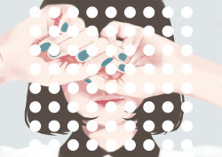 Rule 34 | 1girl, black hair, blue nails, close-up, collared shirt, covered eyes, covering face, covering own eyes, dots, geometry, hands on own face, hidden eyes, hidden face, lips, lipstick, makeup, nail polish, portrait, shirokumacham, shirt, short hair, simple background, solo, white shirt