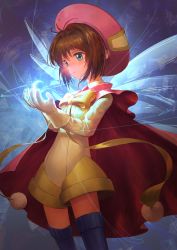 Rule 34 | 1990s (style), 1girl, boots, brown hair, cape, cardcaptor sakura, dress, gloves, green eyes, highres, kinomoto sakura, looking at hand, magic, magical girl, moon, noske, pink dress, short hair, simple background, smile, solo, thigh boots, thighhighs, wings
