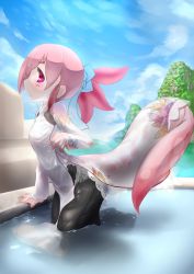 Rule 34 | 1girl, axolotl, clo53837533, fins, head fins, highres, looking at viewer, monster girl, original, pink hair, smile, solo, tail, webbed hands, wet, wet clothes