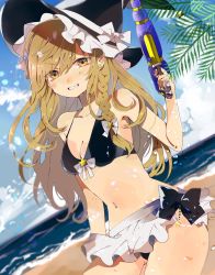 Rule 34 | &gt;:), 1girl, apron, bare arms, bare shoulders, beach, bikini, black bikini, black bow, black hat, blonde hair, blue sky, blush, bow, braid, breasts, cleavage, cloud, commentary request, cowboy shot, day, dutch angle, ear piercing, gluteal fold, grin, gun, hair between eyes, hair bow, hand up, hat, hat bow, highres, holding, holding gun, holding weapon, kirisame marisa, long hair, looking at viewer, medium breasts, navel, ocean, outdoors, piercing, satoupote, single braid, sky, smile, solo, standing, star (symbol), stomach, swimsuit, thighs, touhou, v-shaped eyebrows, waist apron, water drop, water gun, weapon, white apron, white bow, witch hat, yellow eyes