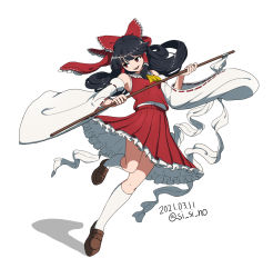 Rule 34 | 1girl, armpit peek, ascot, bare shoulders, black hair, bow, brown footwear, commentary, dated, detached sleeves, frilled bow, frilled hair tubes, frilled skirt, frills, gohei, hair bow, hair ribbon, hair tubes, hakurei reimu, highres, holding, holding staff, kneehighs, loafers, long hair, looking to the side, open mouth, pleated skirt, red bow, red eyes, red ribbon, red skirt, red vest, ribbon, ribbon-trimmed sleeves, ribbon trim, shishi osamu, shoes, simple background, skirt, skirt set, sleeveless, smile, socks, solo, staff, touhou, twitter username, undershirt, upskirt, vest, white background, white socks, wide sleeves, yellow ascot