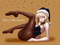 Rule 34 | 1girl, artoria pendragon (all), artoria pendragon (fate), ass, black hat, black pantyhose, blonde hair, bow, breasts, cleavage, confetti, fate (series), green bow, green ribbon, hat, highres, large breasts, looking at viewer, merry christmas, orange eyes, pantyhose, ribbon, saber (fate), santa hat, solo, sookmo
