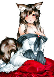 Rule 34 | 1girl, :&lt;, akuroporisu, animal ears, bare shoulders, between legs, breasts, brooch, brown hair, cleavage, closed mouth, collarbone, hand between legs, imaizumi kagerou, jewelry, large breasts, long hair, looking at viewer, marker (medium), nib pen (medium), off-shoulder shirt, off shoulder, red eyes, red skirt, shirt, simple background, skirt, solo, tail, touhou, traditional media, v arms, white background, wolf ears, wolf tail