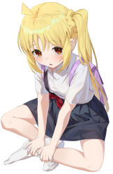 Rule 34 | 1girl, backpack, bag, blonde hair, bocchi the rock!, brown eyes, hachinatsu, highres, ijichi nijika, indian style, legs, looking at viewer, open mouth, shirt, side ponytail, sitting, socks, solo, white shirt, white socks