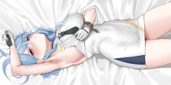 Rule 34 | 1girl, absurdres, ako (blue archive), armpits, arms up, bare shoulders, bed sheet, black gloves, blue archive, blue eyes, blue hair, blush, breasts, closed mouth, clothes pull, covered navel, dress, dress pull, gloves, hair between eyes, highres, large breasts, long hair, looking at viewer, lying, on back, on bed, pencil dress, pulled by self, sideboob, sidelocks, sleeveless, sleeveless dress, solo, thighs, urrrt, white dress