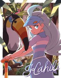 Rule 34 | 1girl, ahoge, bird, border, branch, breasts, character name, closed mouth, commentary request, creatures (company), frown, game freak, gen 7 pokemon, golf club, highres, holding, holding golf club, kahili (pokemon), keina (ke1na h), long hair, mole, mole under eye, nintendo, outside border, pokemon, pokemon (creature), pokemon sm, shirt, short sleeves, skirt, toucannon, visor cap, white border